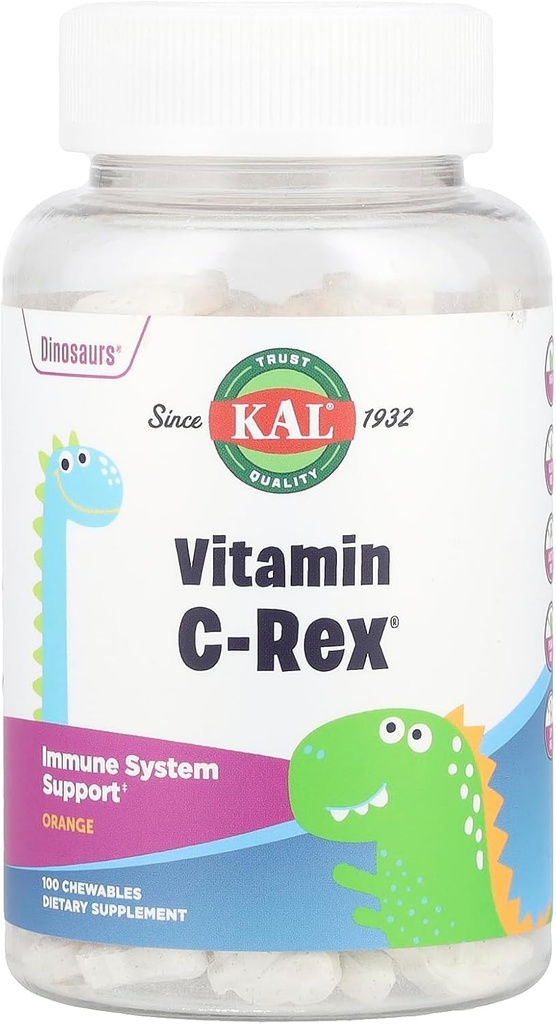 KAL C-Rex Kaubares Vitamin C für Kinder, Immununterstützungsergänzung mit Bioflavonoiden aus Rose HIPS, Rutin & Acerola, Tasty Orange, Fructose Kostenlose, Kautabletten