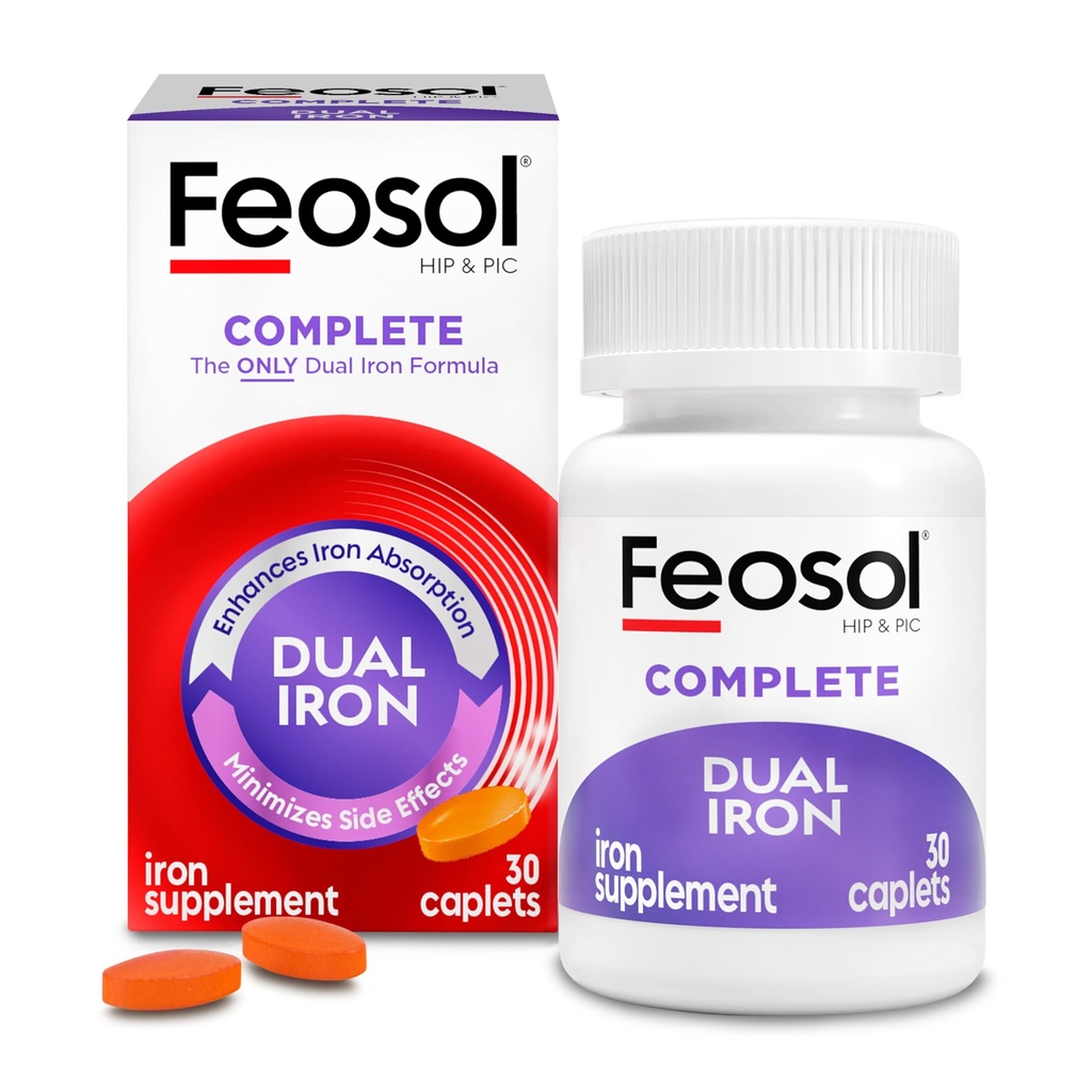 Feosol Complete Iron Supplement Caplets, Bifera Iron für hohe Absorption, Heme und Non-Heme Dual Action Minimiert Nebenwirkungen, 1 pro Tag, für Energie und Immunsystem Unterstützung, Made in USA, 30 Count