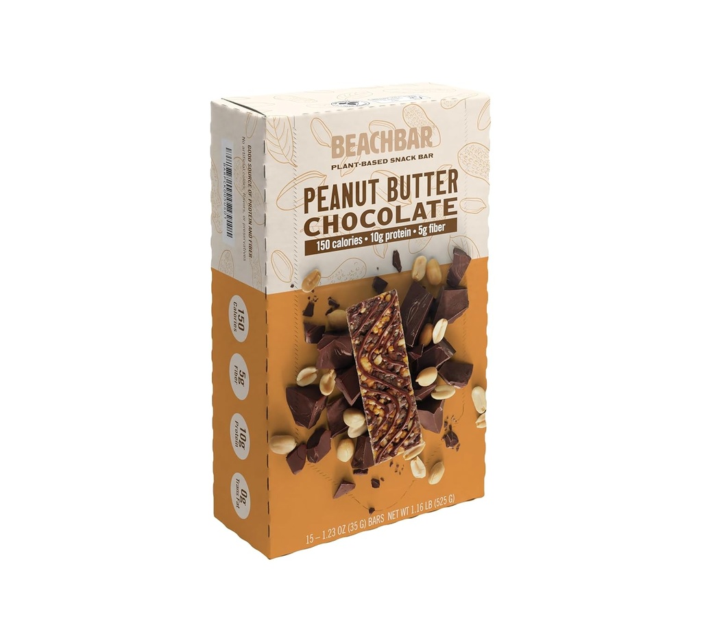 BODi BEACHBAR Pflanzenbasierte Peanut Butter Schokolade – Protein Rich Vegan Snack Bar, Gluten-Free, Low Glycemic Index, 10g Protein, 150 Kalorien, 15 Bars pro Box