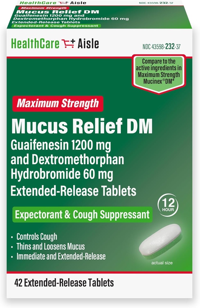 HealthCareAisle Guaifenesin 1200 mg Dextrométhorphane Hydrobromide 60 mg Comprimés à libération prolongée - 42 Compte - Exécutant de soulagement du mucus et suppresseur de la toux formulé pour soulager la congestion thoracique