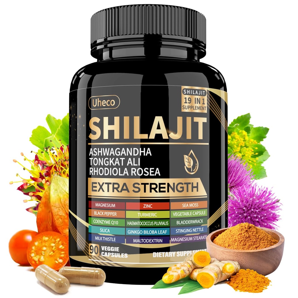 Shilajit Ergänzung mit Sea Moss, Ashwagandha, Tongkat Ali - Shilajit Pure Himalayan Organic Fulvic Acid Capsules - 90 Count