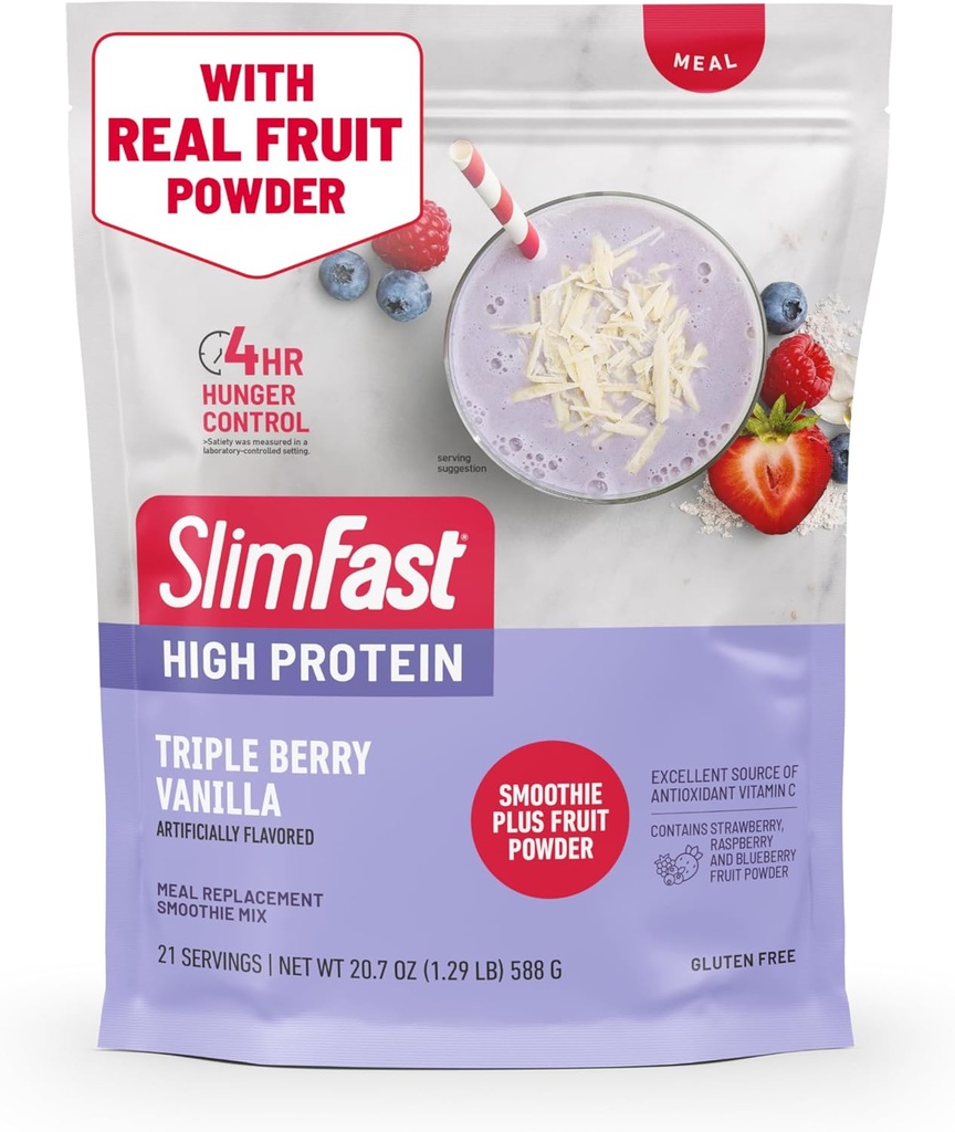 SlimFast High Protein Smoothie Mix Plus Fruit Powder, High Protein Meal Replacement Powder, Fiber, Vitamin C, 21 Servierungen, 1,29 Pfund, Triple Berry Vanilla (Packaging May Vary)