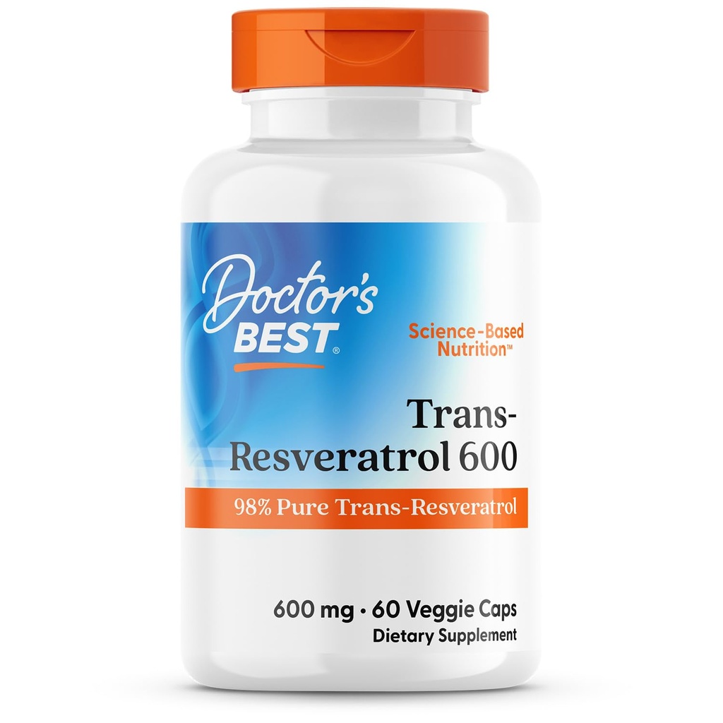Doctor's Best Trans-Resveratrol 600, 98% Pure Trans-Resveratro, Non-GMO, Gluten Free, Soy Free, Vegan 60 Veggie Caps