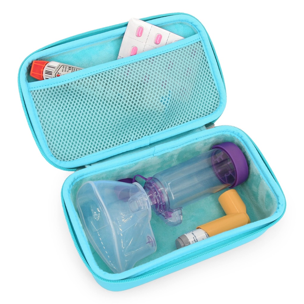 CASEMATIX Asthma Inhaler Case für Reisen Passt Asthma Inhaler Spacer mit Maske befestigt, Inhalator Holder und zusätzliches Zubehör verwendet mit Spacer für Inhaler, Includes Turquoise Asthma Case Only