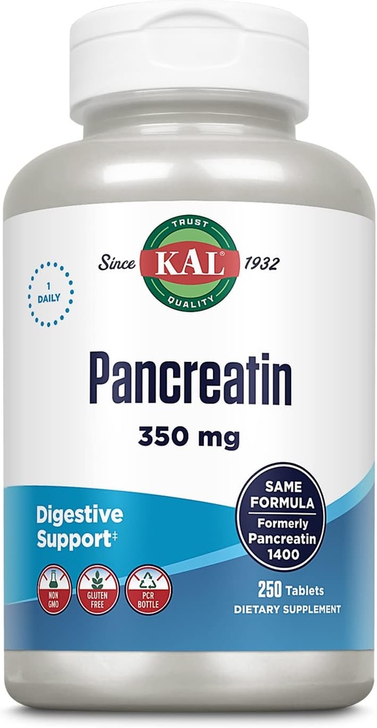 KAL Pancreatin 350mg, Verdauungsenzyme für Frauen und Männer, Pankreasenzyme für Verdauungsunterstützung, Glutenfrei, Non-GMO, schnelle Zersetzung, 60-Tage-Garantie, 250 Servietten, 250 Tabletten