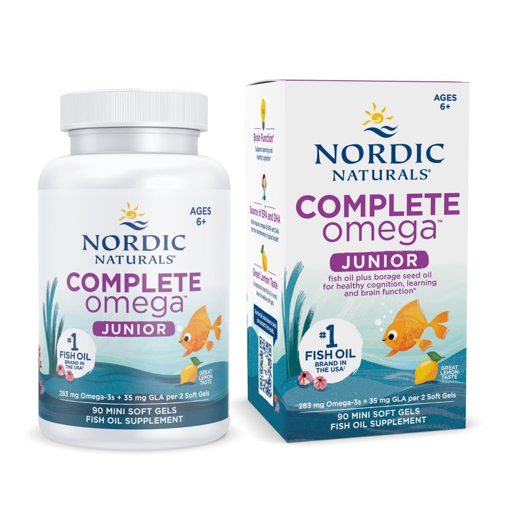 Nordic Naturals Complete Omega Jr., Lemon - 90 Mini Soft Gels - 283 mg Total Omega-3s & 35 mg GLA - Gesunde Kognition, Nervous System Function - Non-GMO - 45 Servietten