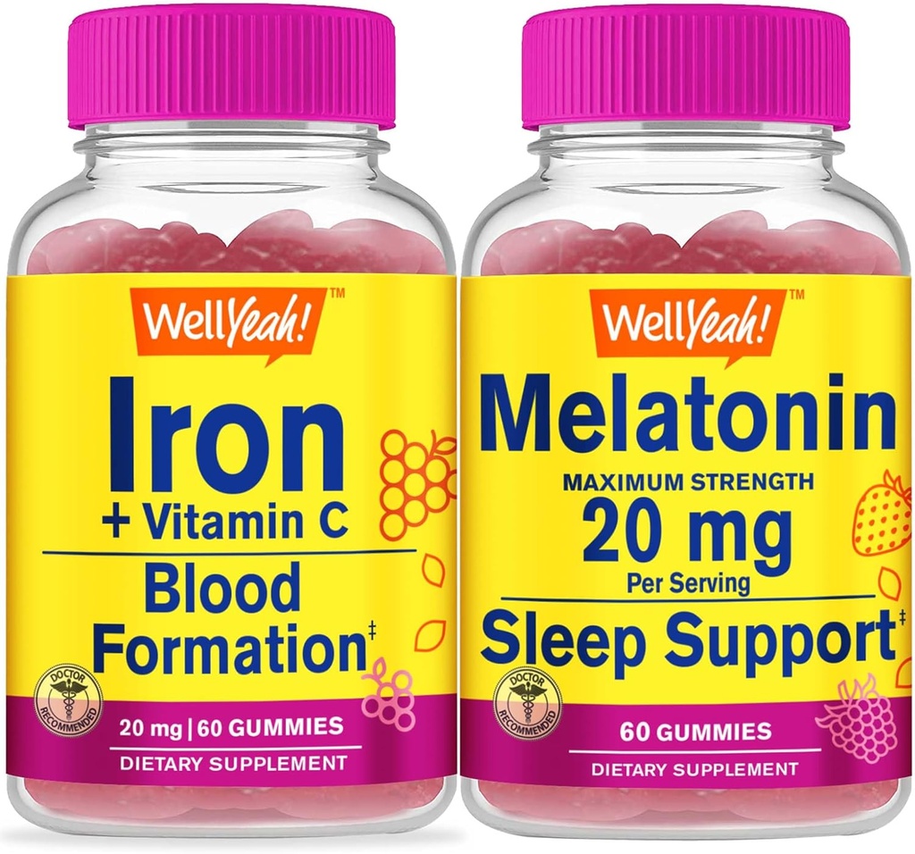 Gut ja Iron+Vitamin C + Melatonin 20mg, Gummies Bundle - Große Verkostung, Vitamin-Ergänzung, Glutenfrei, GMO frei, Kaugummi