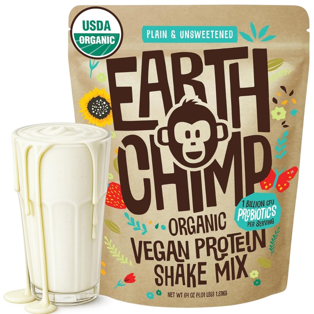 EarthChimp poudre de protéines végétales organiques - avec probiotiques - Sans OGM, sans lait, sans lactosérum, à base de protéines végétales pour les femmes et les hommes, sans gluten - 52 portions, 64 oz (Plain et non sucré)