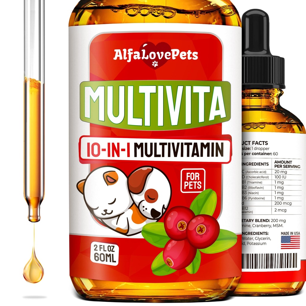 Flüssiges Multivitamin für Hunde – Cat Multivitamins für Indoor Cats – 10-in-1 Liquid Dog Vitamins B Complex, C, D3 – Digestion, Urination, Hip & Joint, Skin & Coat – Cranberry Flavor – 2 Oz
