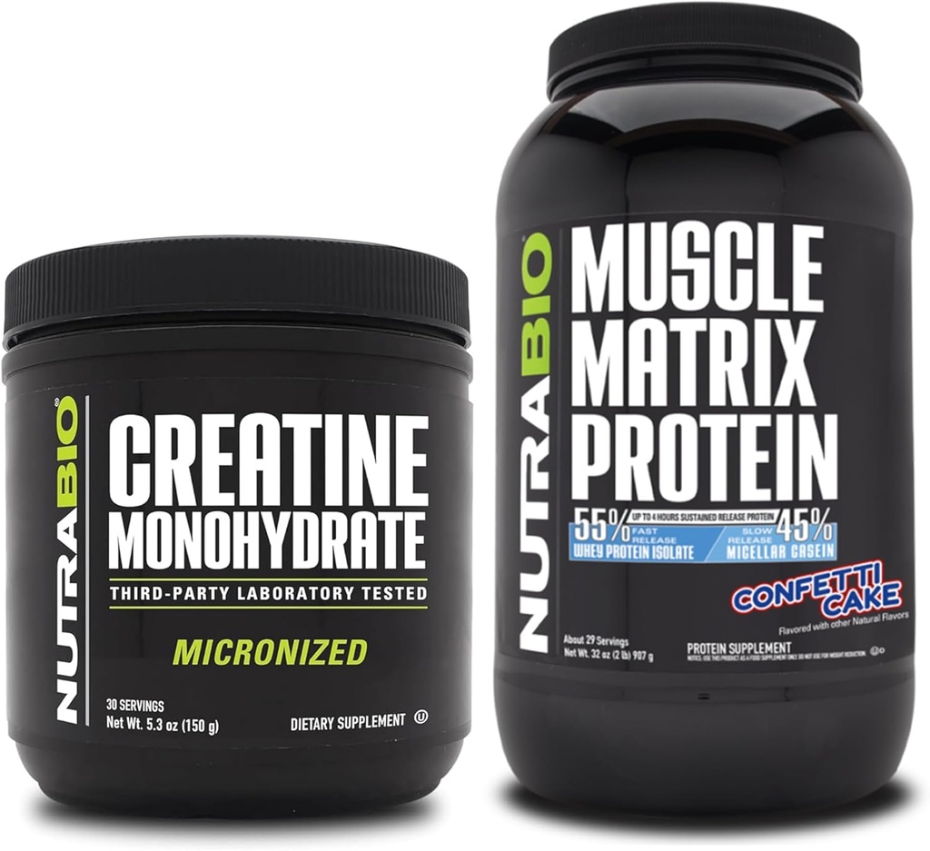 NutraBio Creatine Monohydrat, Unflavored, (150 g) und Muscle Matrix Protein Powder, (Confetti Cake) Supplement Bundle – Muskelenergie, maximales Wachstum, Erholung und Stärke