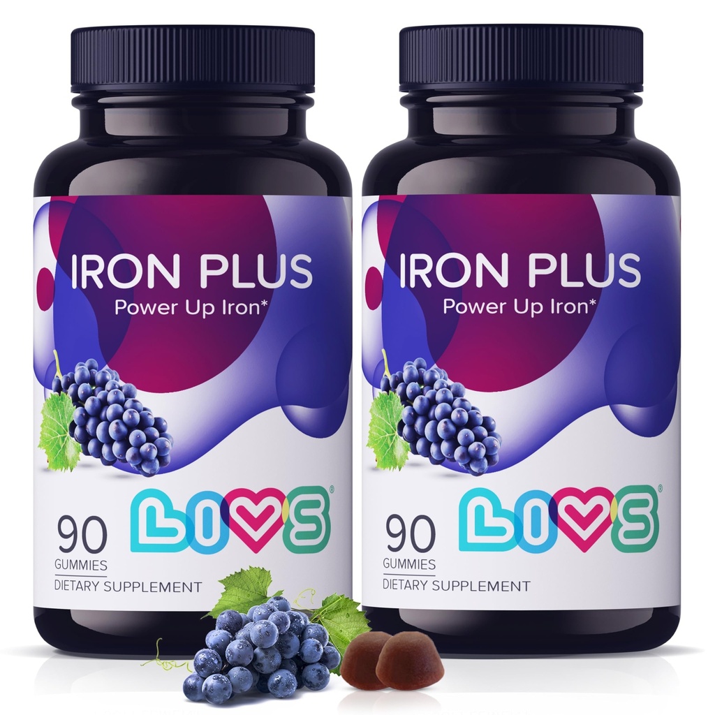 LIVS Eisenergänzung für Frauen und Männer mit Vitamin C, A, B3, B5, B6, B12, Biotin, Zinc & Folate | Non-GMO, Gluten Kostenlose Kauergänzung als Gummy für Energie Boost & Anemia Unterstützung - 180 Count
