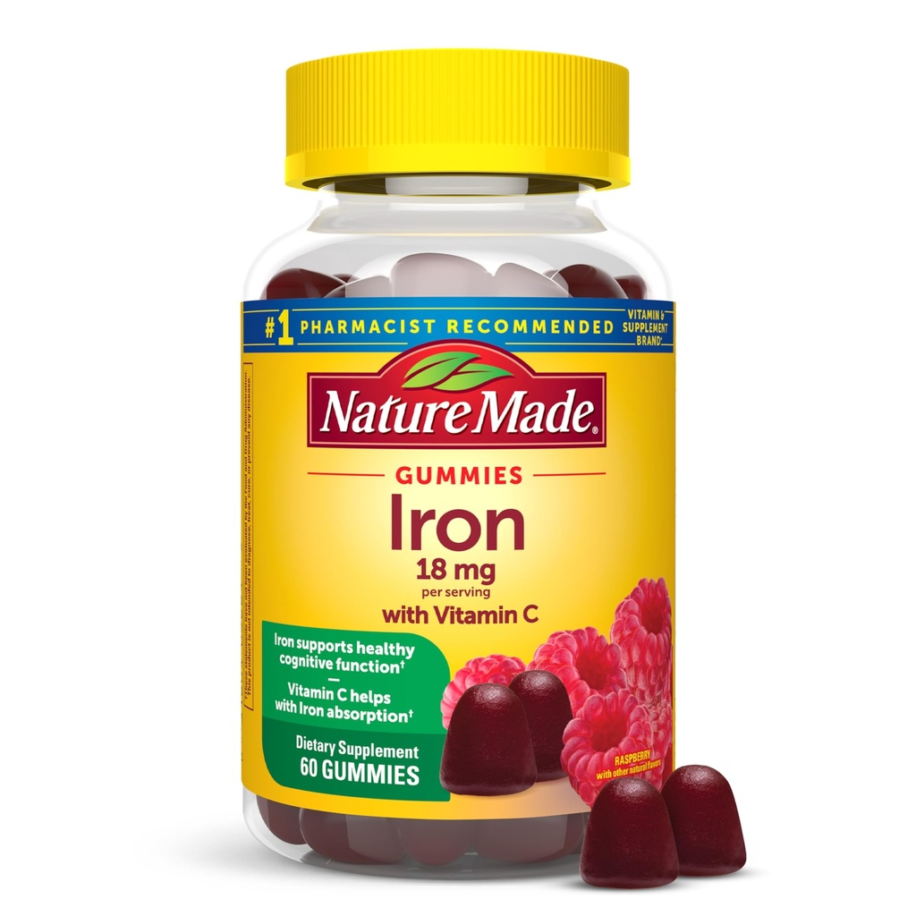 Nature Made Iron 18 mg pro Portion mit Vitamin C, Nahrungsergänzung für Rote Blutzellen Unterstützung, 60 Gummi, 30 Tage Versorgung