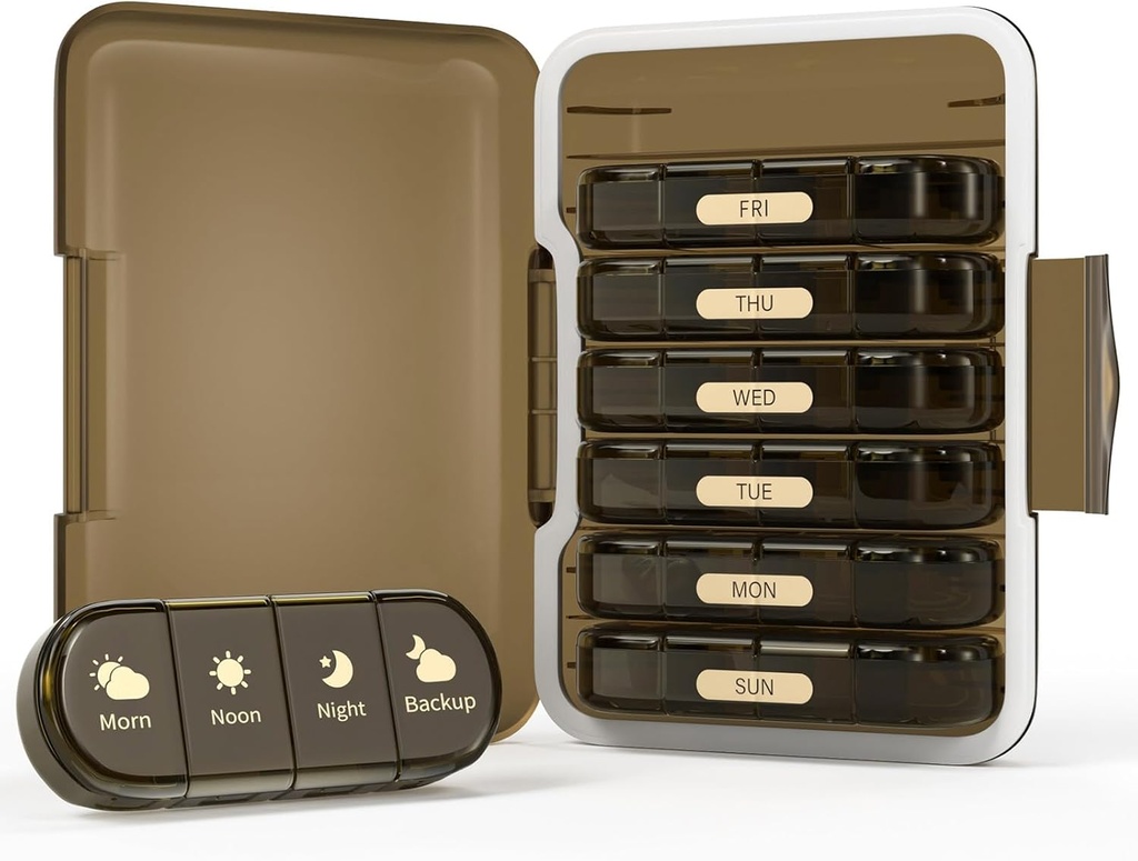 Organisateur hebdomadaire de pilules 4 fois par jour, boîte à pilules de 7 jours 4X, portable pour le cas de pilules de voyage pour les pilules/vitamine/pêche, huile/médication/compléments (4x7 Brown)
