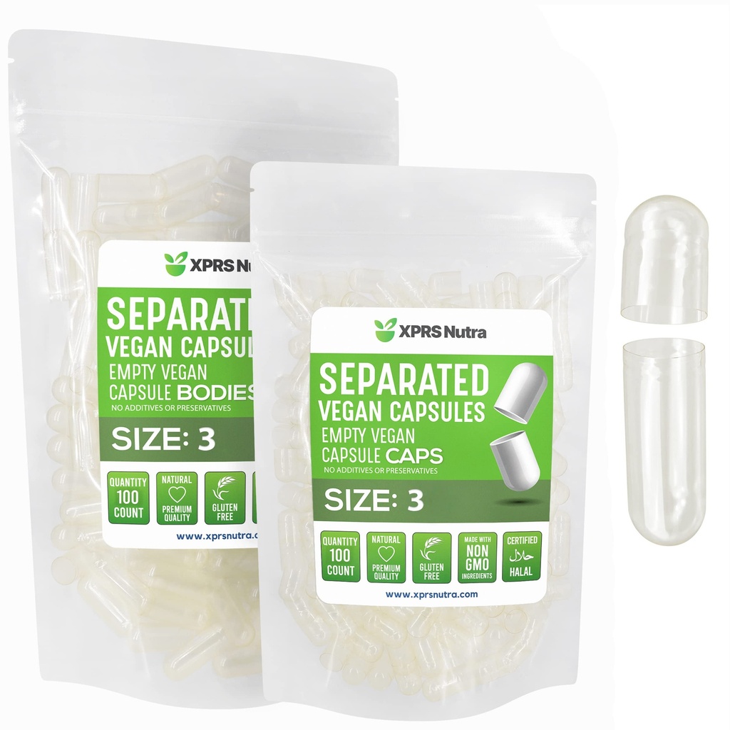 XPRS Nutra Vegan Größe 3 Getrennte Kapseln- 100 Count Premium Leere Kapseln Getrennt in Taschen - Klare leere Kapseln - Pillen für DIY Ergänzung Füllung