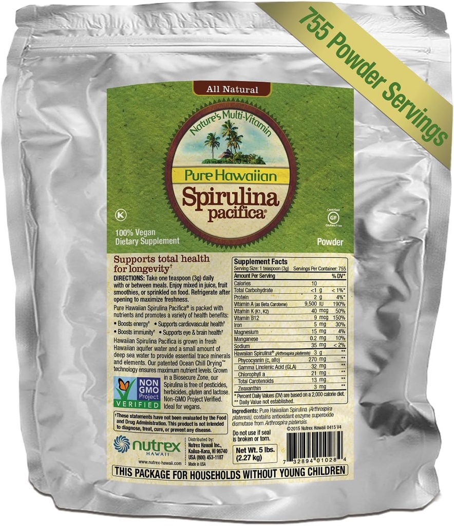 Pure Hawaiian Spirulina Powder 5 lb Bulk Bag – Erhöht Energie und unterstützt Immunität – Vegan, Non GMO – Natürliche Superfood Grown in Hawaii
