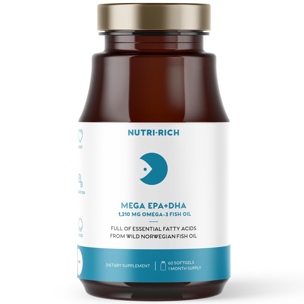 Nutri-Rich Omega-3 Fish Oil 1210mg – EPA & DHA für Herz, Gehirn & Gelenke Gesundheit – Burp-Free, Lemon Flavor, Gluten & Soy Free, Third-Party Tested (60 Softgels)