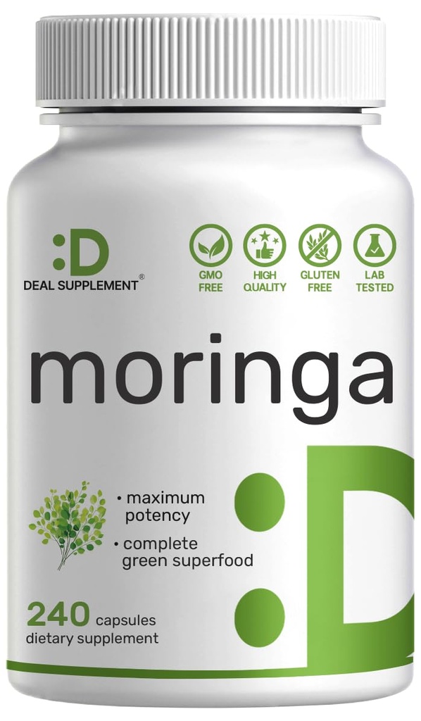 Moringa Kapseln 9.000mg Kräuteräquivalent, 240 Kapseln – 4 Monate Versorgung – Maximale Potenz Pure Moringa Blatt Extrakt – Komplette Green Superfood-Ergänzung für Energie, Haut und Immune Gesundheit Unterstützung