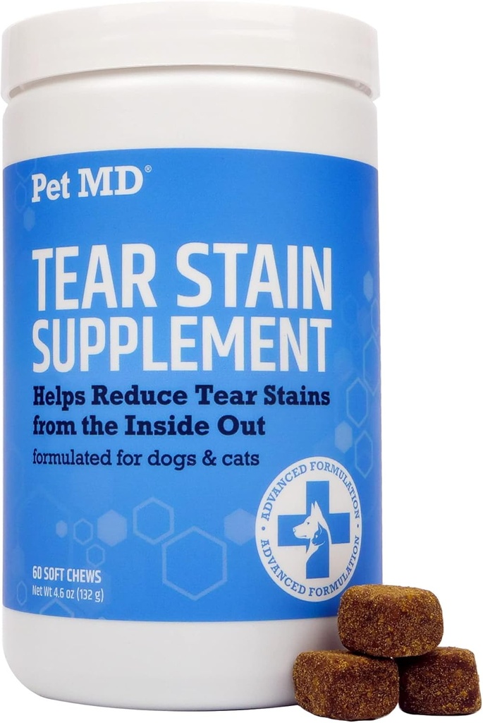 Pet MD Tear Stain Remover für Hunde & Katzen - Antioxidante Augenpflege Supplement mit Lutein, Cranberry, & Omega 3 & 6 - Cat & Dog Tear Stain Remover Chews für White & Light Fur - 60 ct