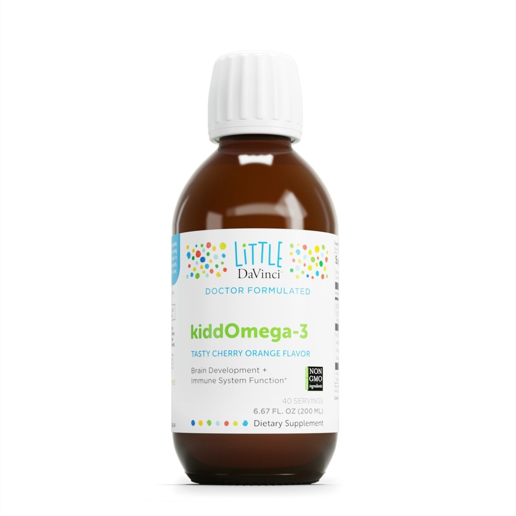 DAVINCI Labs kiddOmega-3 - Flüssige Omega-3 Ergänzung für Kinder - für Immunsystem, Fokus und Gehirnunterstützung* - mit Monk Fruit, DHA, EPA und mehr - Kirsch Orange Flavor - 200mL