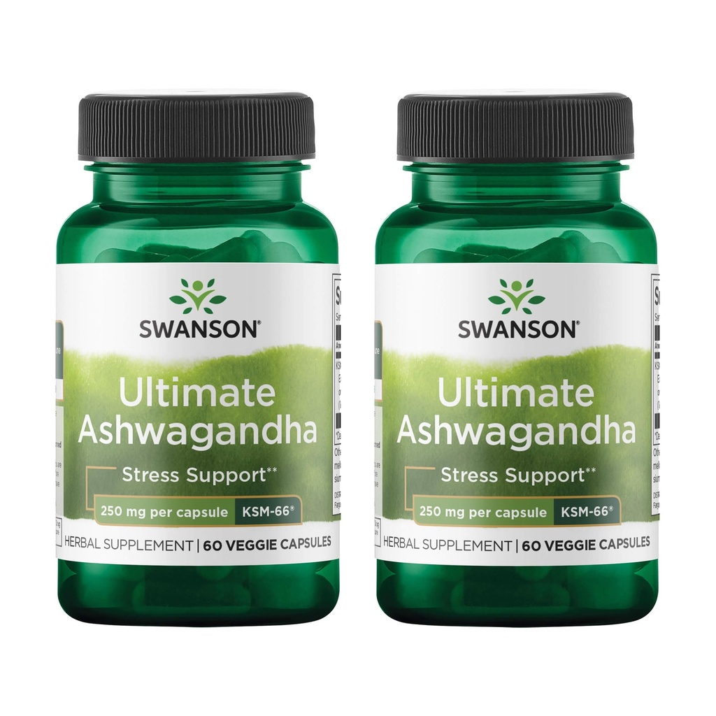 Swanson Ultimate Ashwagandha KSM-66 - Kräuter-Ergänzung Unterstützt gesunde Stress-Level & Entspannung - Natürliche Formel, um ein ruhiges und entspanntes Mindset zu fördern - (60 Veggie Capsules, 250mg Jeder) (2 Pack)