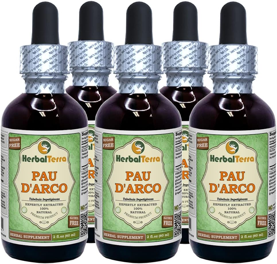PAU d'arco (Tabebuia Impettiginosa) Glycérite, extrait liquide sans alcool séché à l'écorce (marque: HerbalTerra, fièrement fabriqué aux États-Unis) 5x2 fl.oz (5x60 ml)