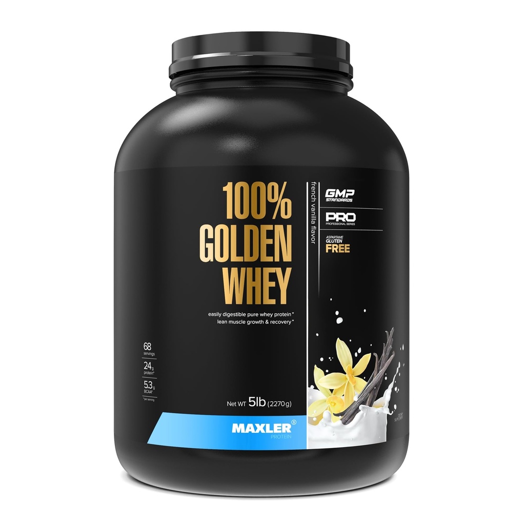 Maxler 100% de protéines de lactosérum doré - 24g de protéines par portion - Poudre de protéines de lactosérum premium pour pré-entraînement - Mélange d'hydrolysat concentré de lactosérum à absorption rapide - Protéine de vanille 5lb