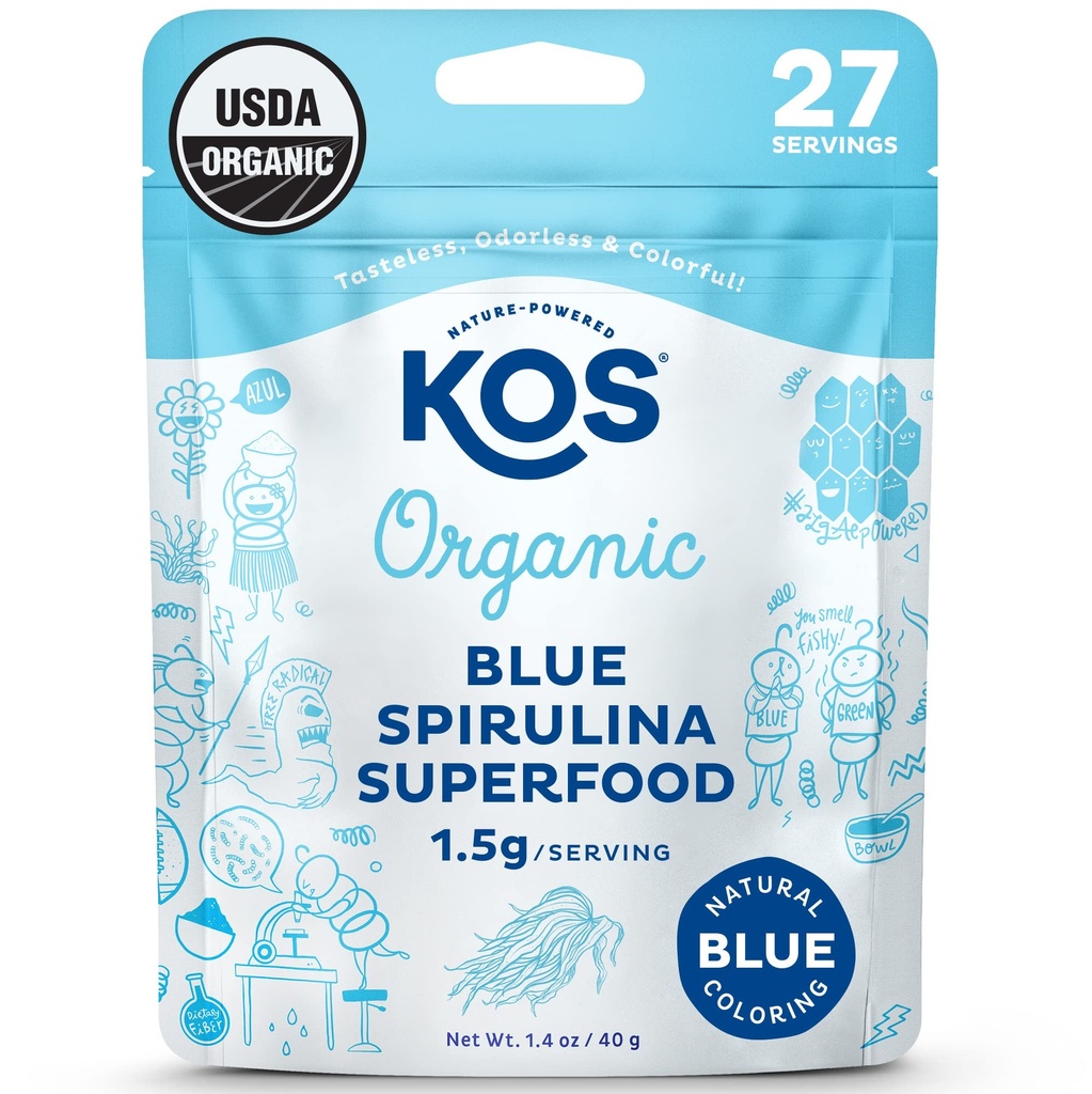 KOS USDA Poudre de Spiruline Bleue Biologique, Phycocyanine - Vegan Algae Superfood - Coloration des aliments naturels pour smoothies et boissons protéiques, à base végétale, non OGM - 27 portions