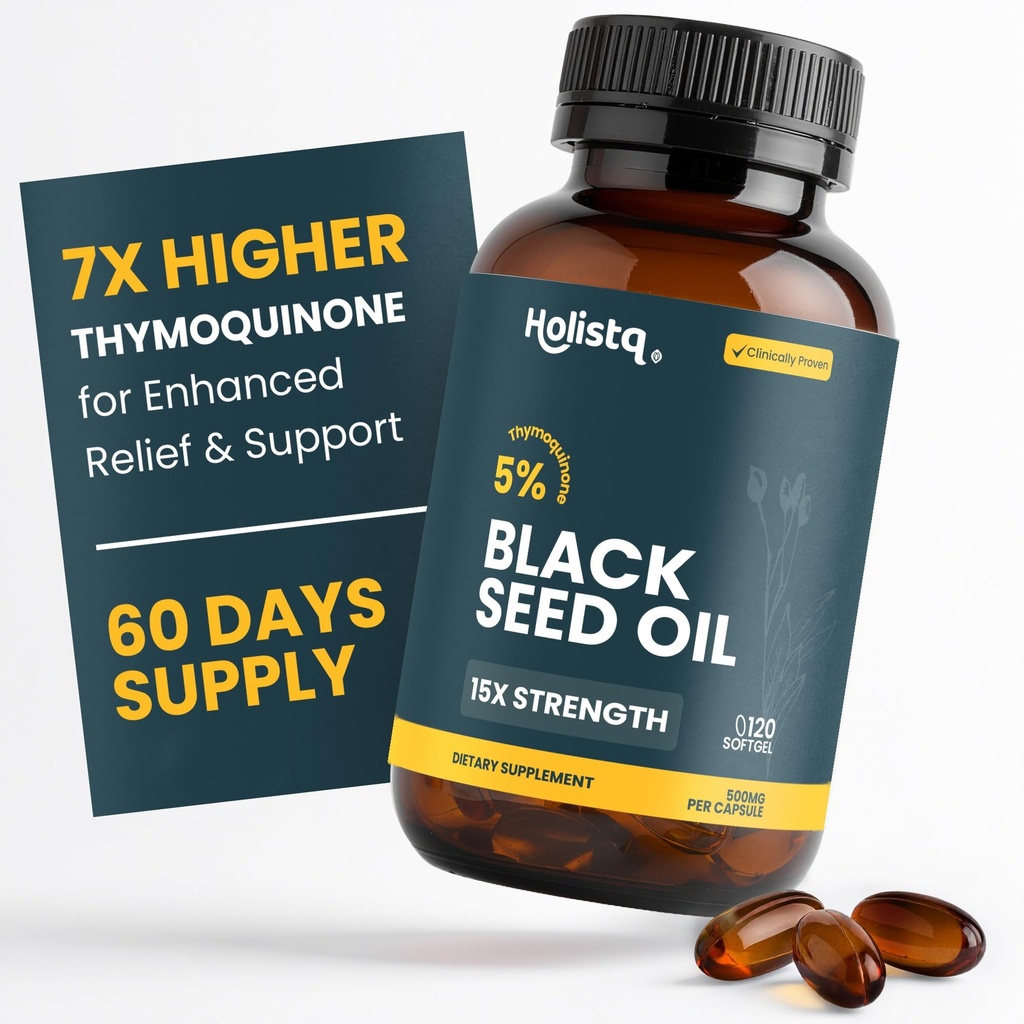 Holistiq Black Seed Oil Capsules à pression froide biologique (en anglais seulement) 5% Thymoquinone (en anglais seulement) Non-OGM et végétalien (en anglais seulement) Nigella Sativa Black Cumin Seed Oil, Omega 3 6 9 Support immunitaire pour adultes - 120 Softgels, 2 mois