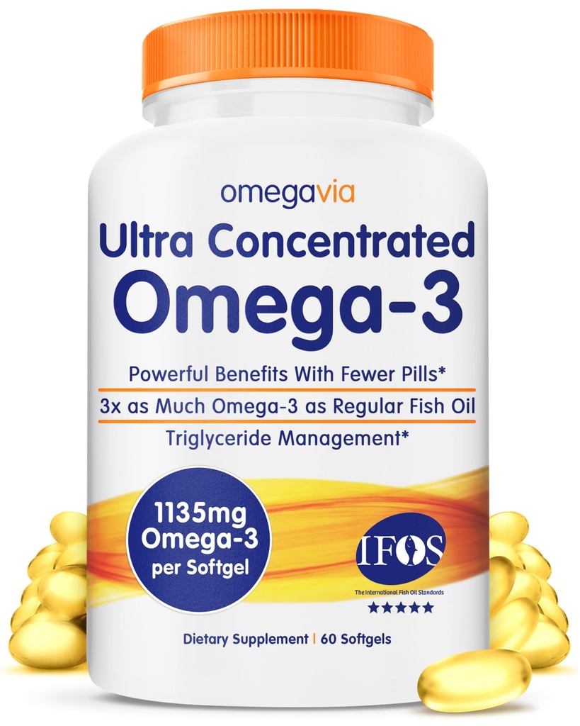 OmegaVia Ultra Concentrated Omega 3 Fish Oil Burpless, 60 Softgels, Triple Strength Omega 3 Fish Oil Supplements, 1135 mg Pure Omega3, keine Fishy Burps, High EPA DHA DPA, IFOS 5-Star