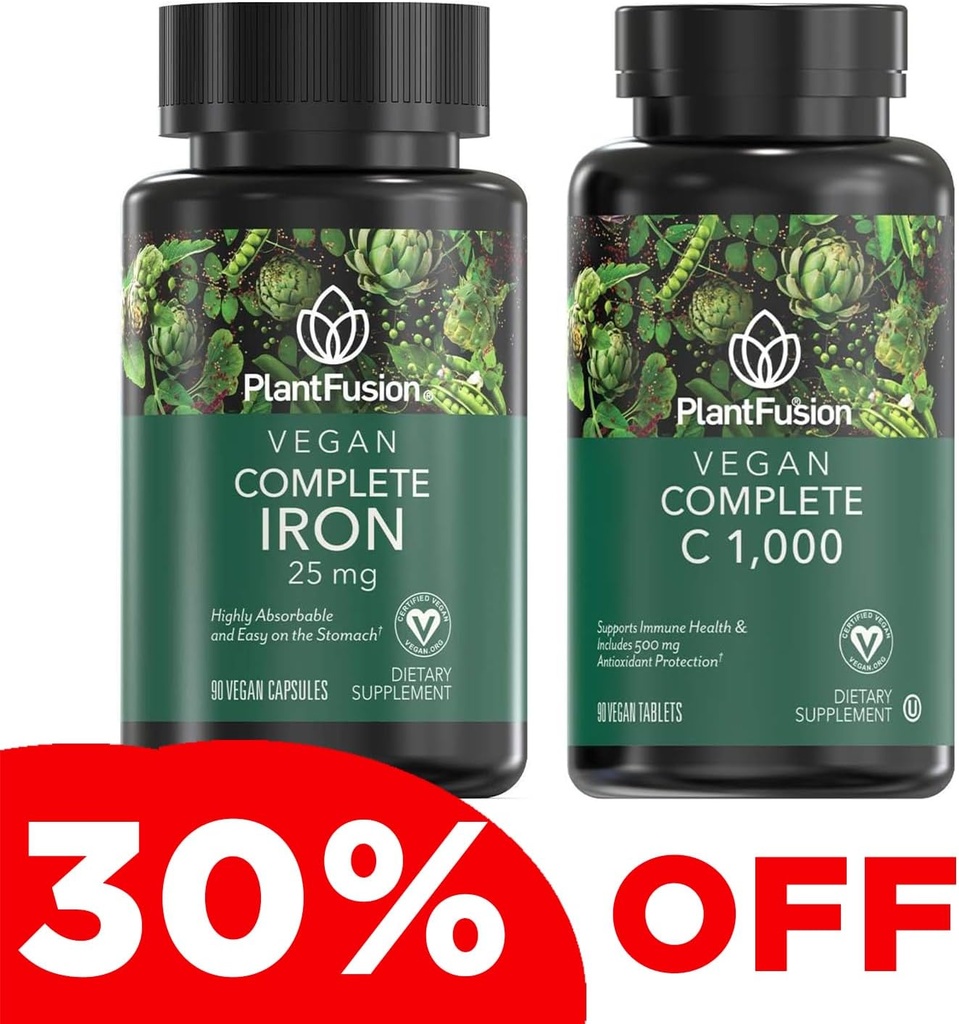 PlantFusion Vegan Iron & Vitamin C Bundle - Premium-Pflanzenbasis Eisen 25mg und Vitamin C 1000mg für gesunde Energieniveaus und Immungesundheitsunterstützung