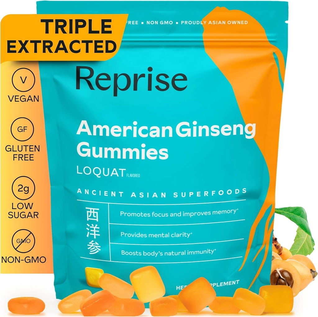 Ginseng américain d'énergie boost Gummies - All-Natural Full-Potency Ginseng américain, aide à élever l'énergie, focaliser, et fournit le soutien immunitaire, faible sucre, végétalien, 45 Gummies, Loquat Flavor