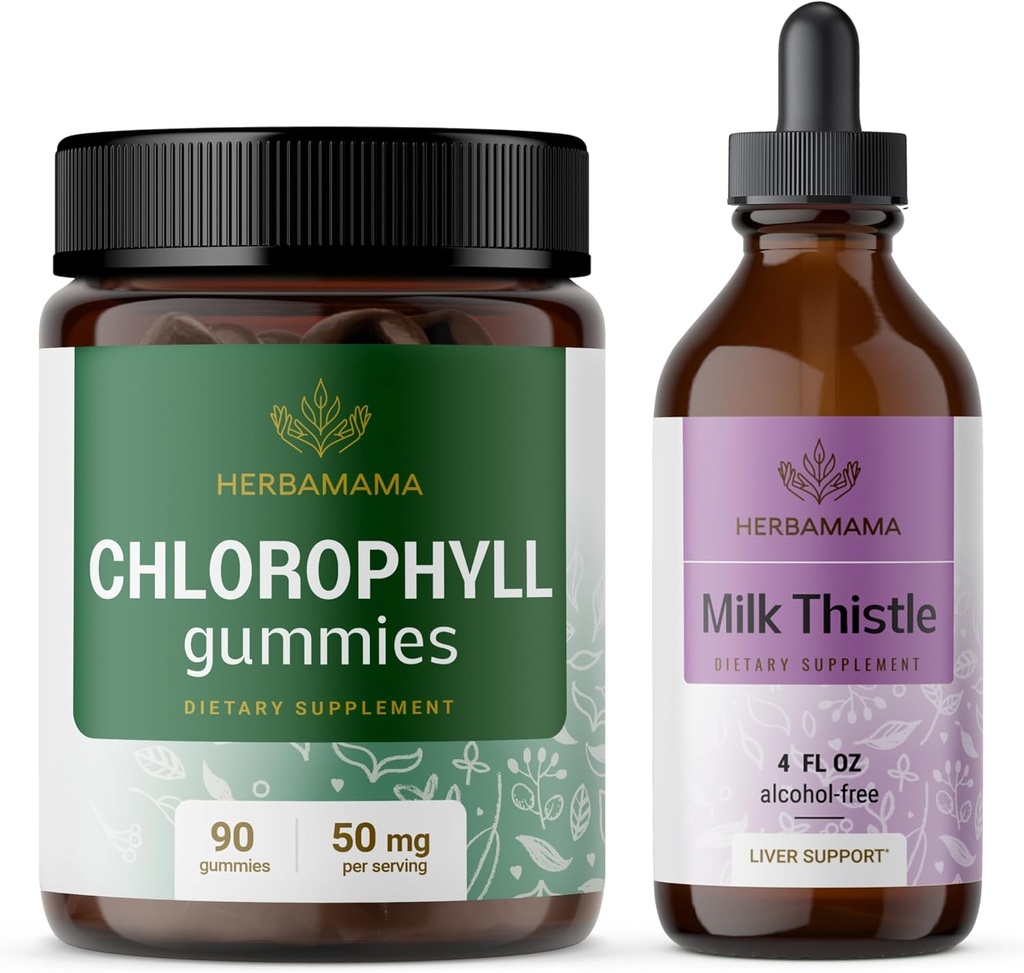 HERBAMAMA Chlorophyll and Milk Thistle Kit - Bundle of 50 mg Chlorophyll Gummies & Milk Thistle Extract Tinte 4 fl oz - Vegan, Non-GMO, Sugar & Alcohol-Free - 2 Pack