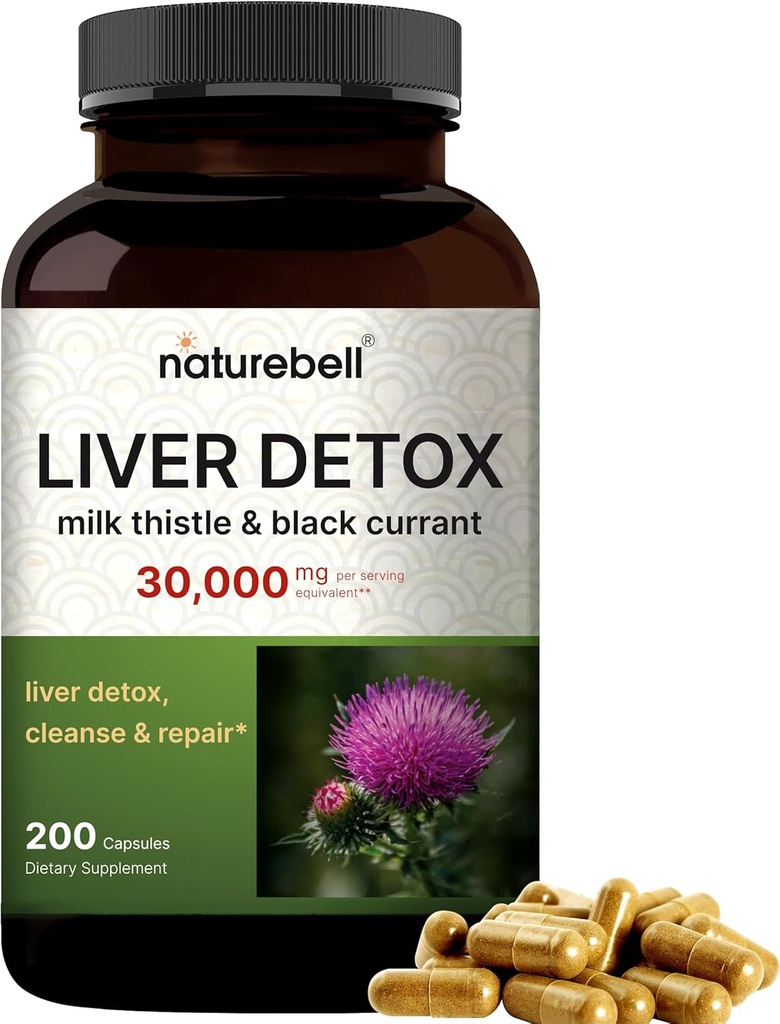 Leber-Detox-Ergänzungen – 200 Kapseln mit Milchdistel 30.000mg & schwarz Johannisbeere | Natürliches aktives Silymarin – Extrastärke 60:1 Extrakt – Herbal Cleanse & Repair Support – Non-GMO