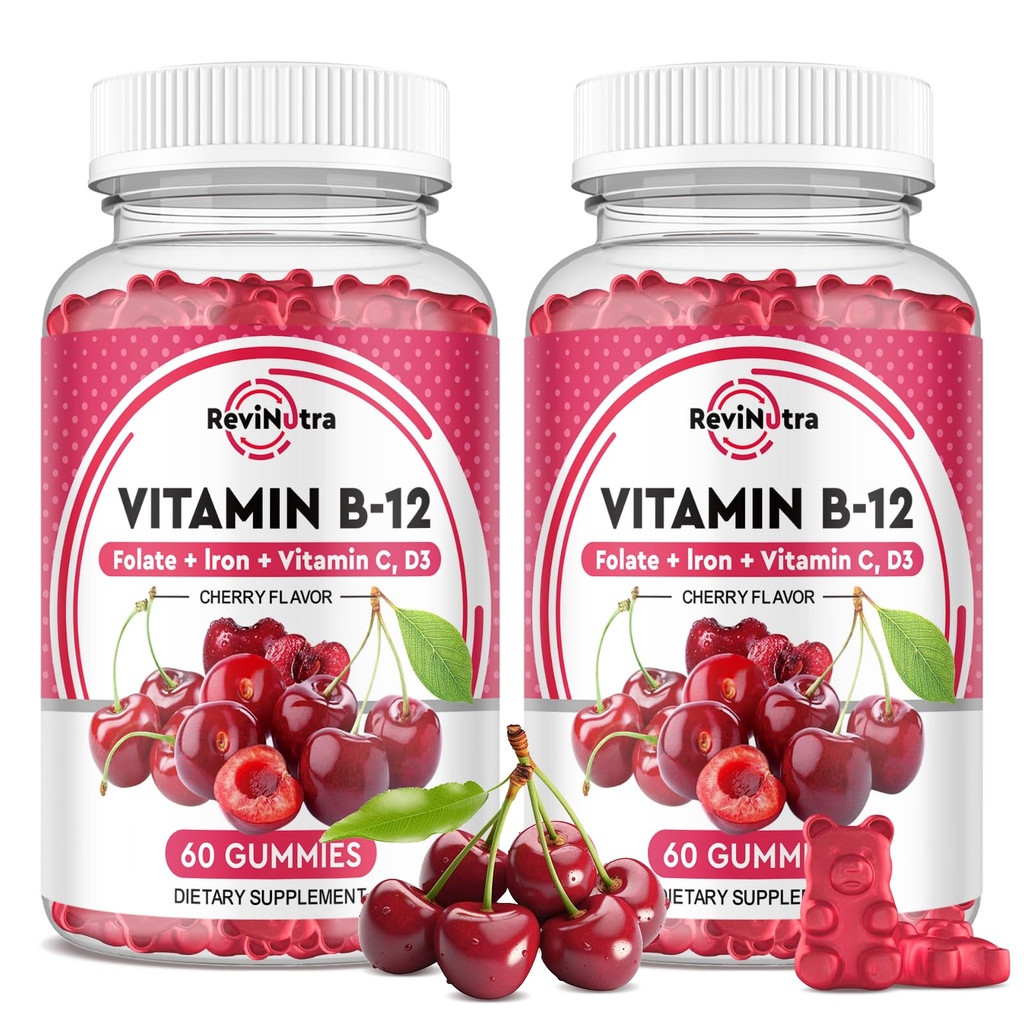 Vitamin B12 Gummie - 5000 mcg Methylcobalamin mit Eisen, Vitamin C, D3 & Folat, Energieunterstützung und Stoffwechsel, Immune, B-12 Complex Chewable Supplement für Männer & Frauen, 120 Count, 2 Pack