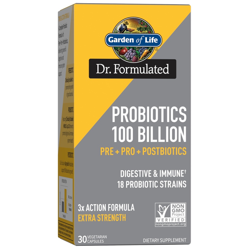 Garden of Life Dr Formulé Probiotiques 100 Million CFU Pre + Pro + Postbiotiques - Extra Strength Digestive & Immune Support pour les hommes et les femmes, la pomme de terre, l'acacia, les métabolites postbiotiques, 30 Capsules
