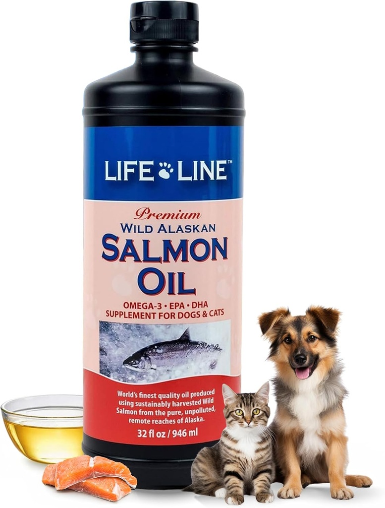 Life Line Lachsöl für Haustiere | Omega-3 DHA EPA Ergänzung für Hunde & Katzen | Unterstützt Haut, Mantel, Gehirn & Herz Gesundheit | Kaltgefiltert – 32 oz