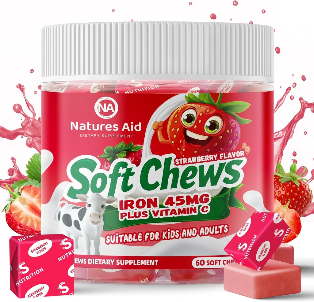 Chewable Iron Supplement für Damen und Herren - Erdbeeren Geschmack, Eisen Vitamin C Soft Chew für Max Absorption, Eisen als Ferrous Fumarate, Ideal für Eisenmangel, 2 Monate Versorgung