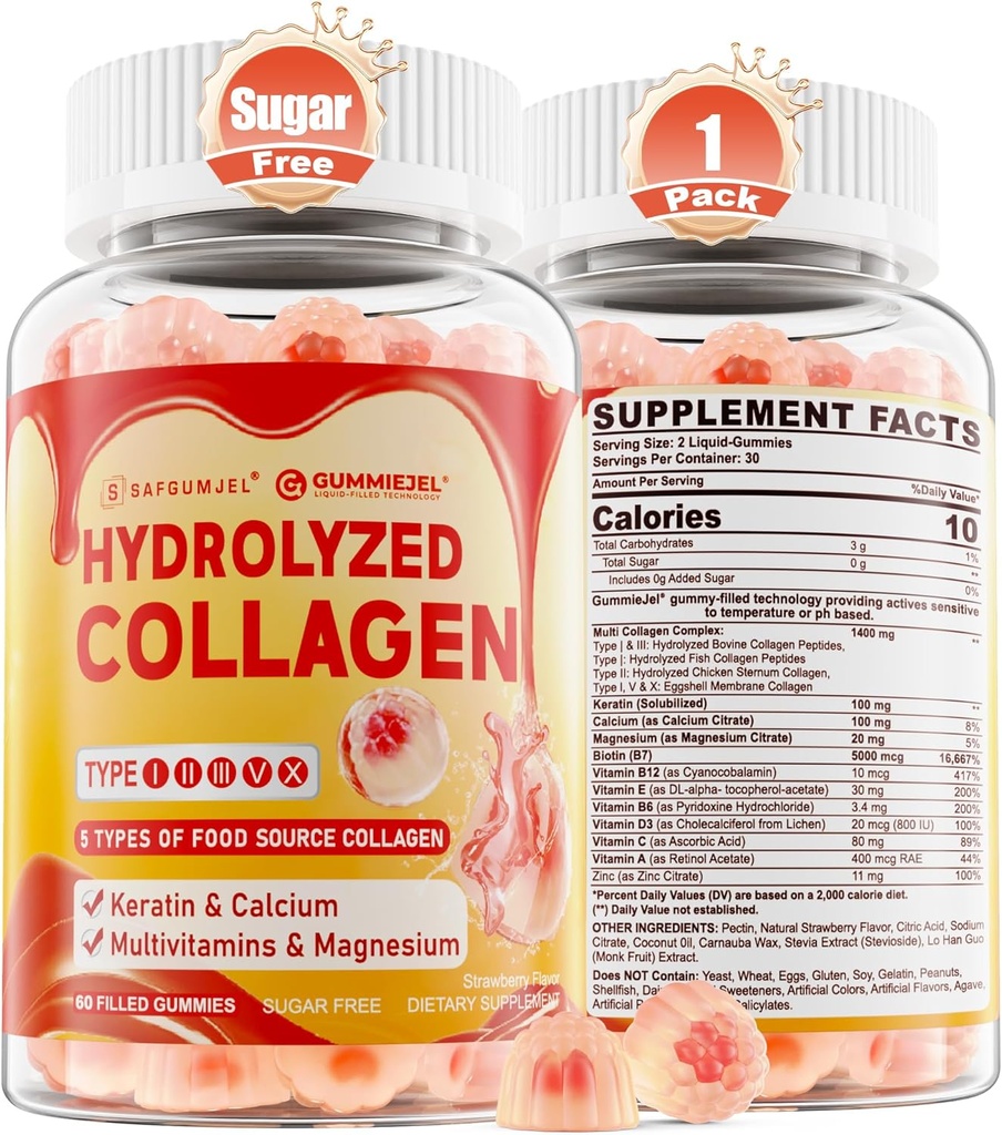 Gommies de peptide de collagène pour femmes hommes, Supplément multi collagène sans sucre, 1400mg Collagène hydrolysé types I II III V X, 5000mcg Biotine, vitamine C A E D3 B6 pour cheveux, peau et ongles, os, 60Cts