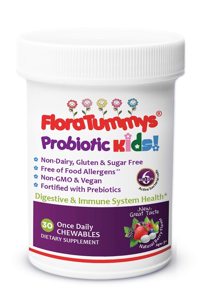FloraTummys Enfants Probiotiques à croquer Prébiotiques: Non-Dairy, sans gluten et sans sucre, sans arachide et sans soja, non-OGM, testés et sans allergènes alimentaires, végétalien, kosher, saveur de baie(1 bouteille)