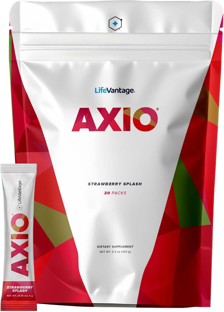 LifeVantage AXIO poudre de boisson à énergie régulière, supplément nootrope, focus et soutien de l'humeur, avec L-théanine, thé vert, vitamines B, DMAE, Quercetin et écorce de pin, splash de fraise, 30 paquets