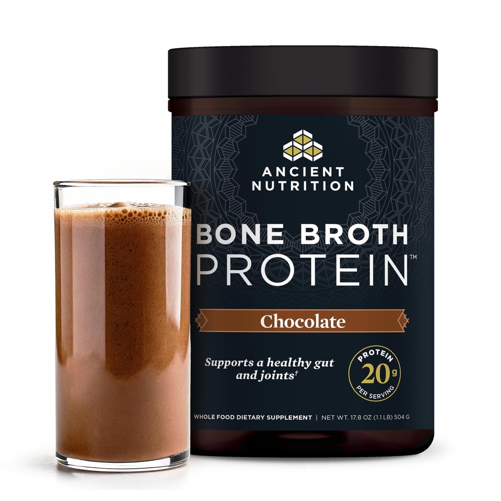 Ancient Nutrition Poudre de protéines faite à partir de vrais os, chocolat, 20g de protéines par portion, 20 Tuyau de service, Supplément de collagène hydrolysé sans gluten, Great in Protein Shakes