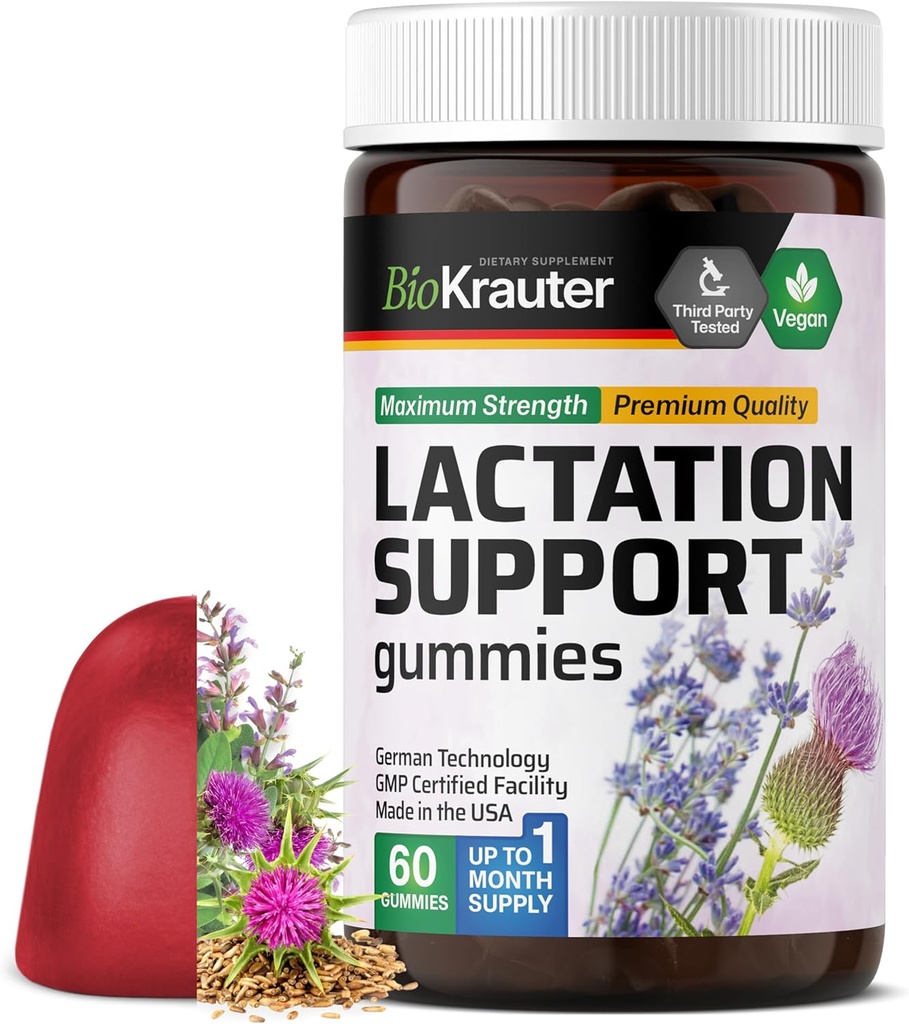BIO KRAUTER Lactation Support Gummi - 60 Chews - Natürliche Lactationsergänzung - Ziegen Rue, Fenugreek, Milchdistelextrakte - Vegane Stilling-Ergänzungen
