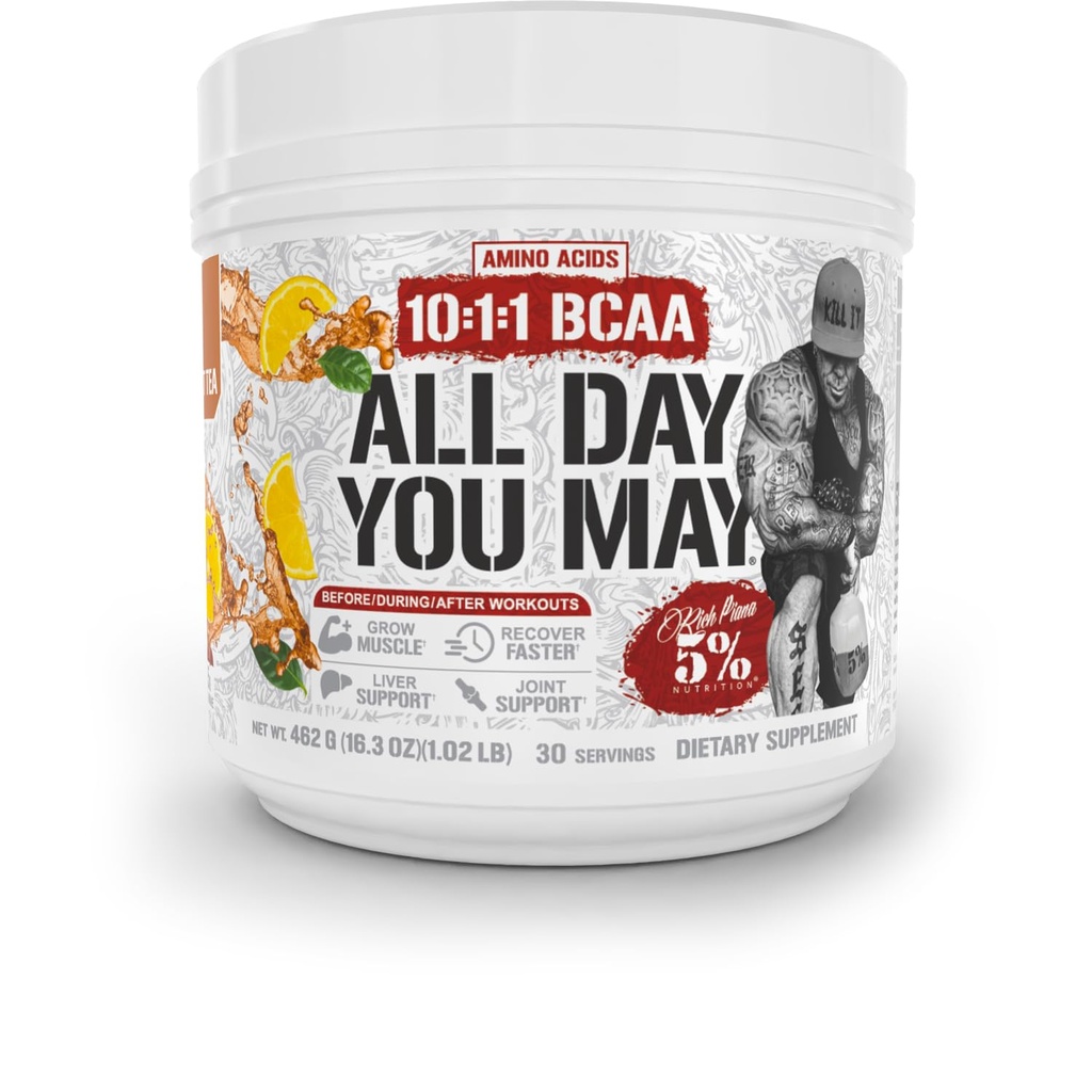 5% Ernährung Rich Piana AllDayYouMay BCAA Powder Premium Intra & Post Workout Aminosäuren, Hydration, Endurance, Muskel-Recovery, Joint & Liver | 16.3 oz, 30 Srvgs (Southern Sweet Tea)