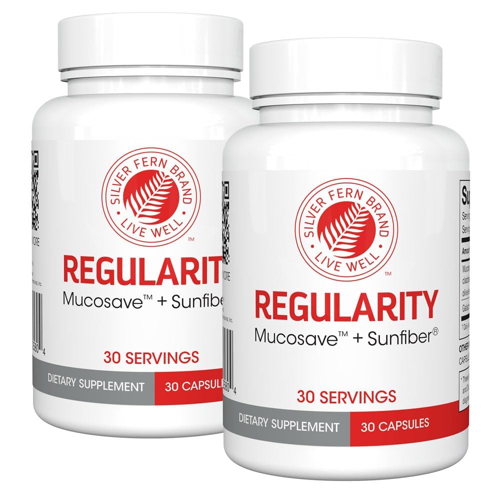 Silver Fern Brand Regularity Digestive Supplement - 2 Flaschen = 60 Kapseln = 60 Tage Lieferung - Mucosave FG (Prickly Pear Polysaccharide & Olive Leaf Polyphenole) & SunFiber