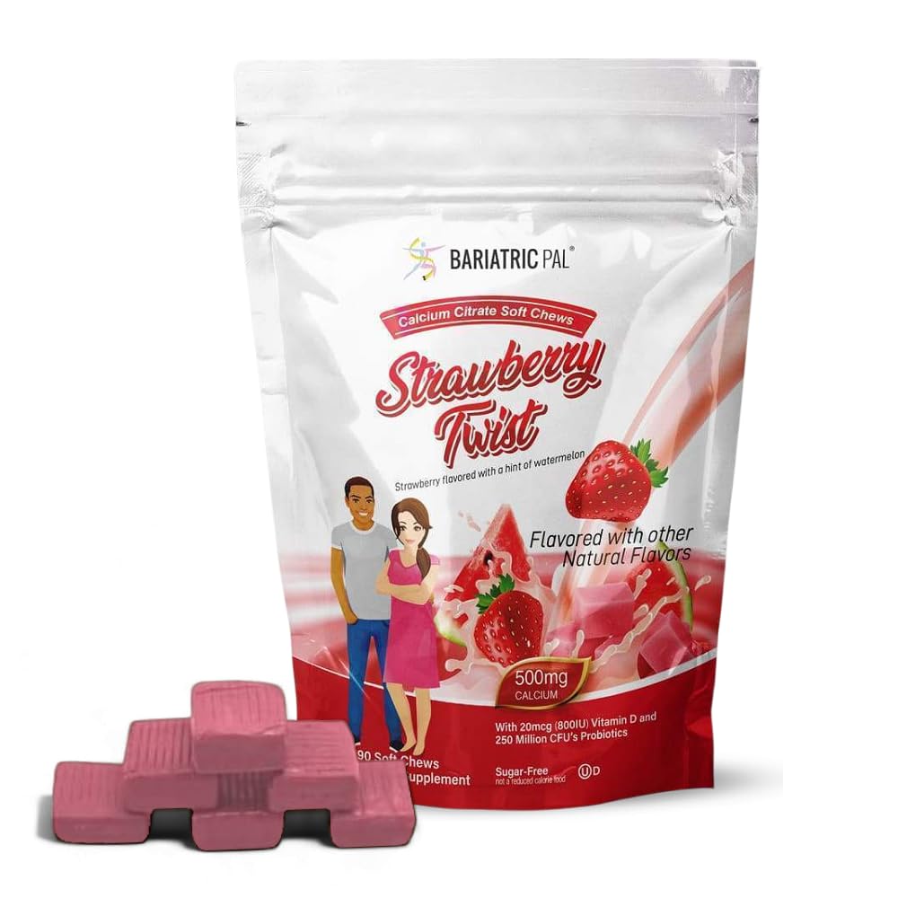 BariatricPal Sugar-Free Calcium Citrate Soft Chews | 500mg mit Vitamin D & Probiotics | Erdbeer Twist | 90 Count (1 Monat Versorgung)