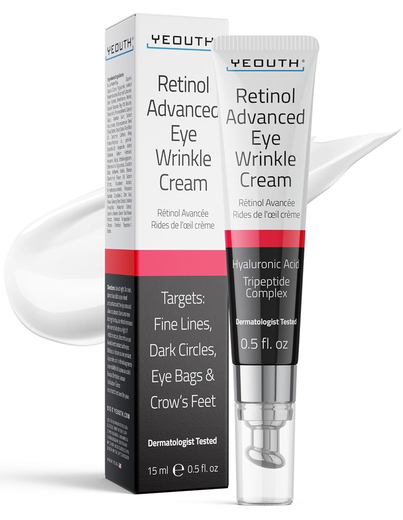 YEOUTH Retinol Crème pour les yeux anti-vieillissement, crème raffermissante sous les yeux pour les poches et les poches sous les yeux pour les rides et les cercles sombres avec l'acide hyaluronique et les tripeptides 15ml