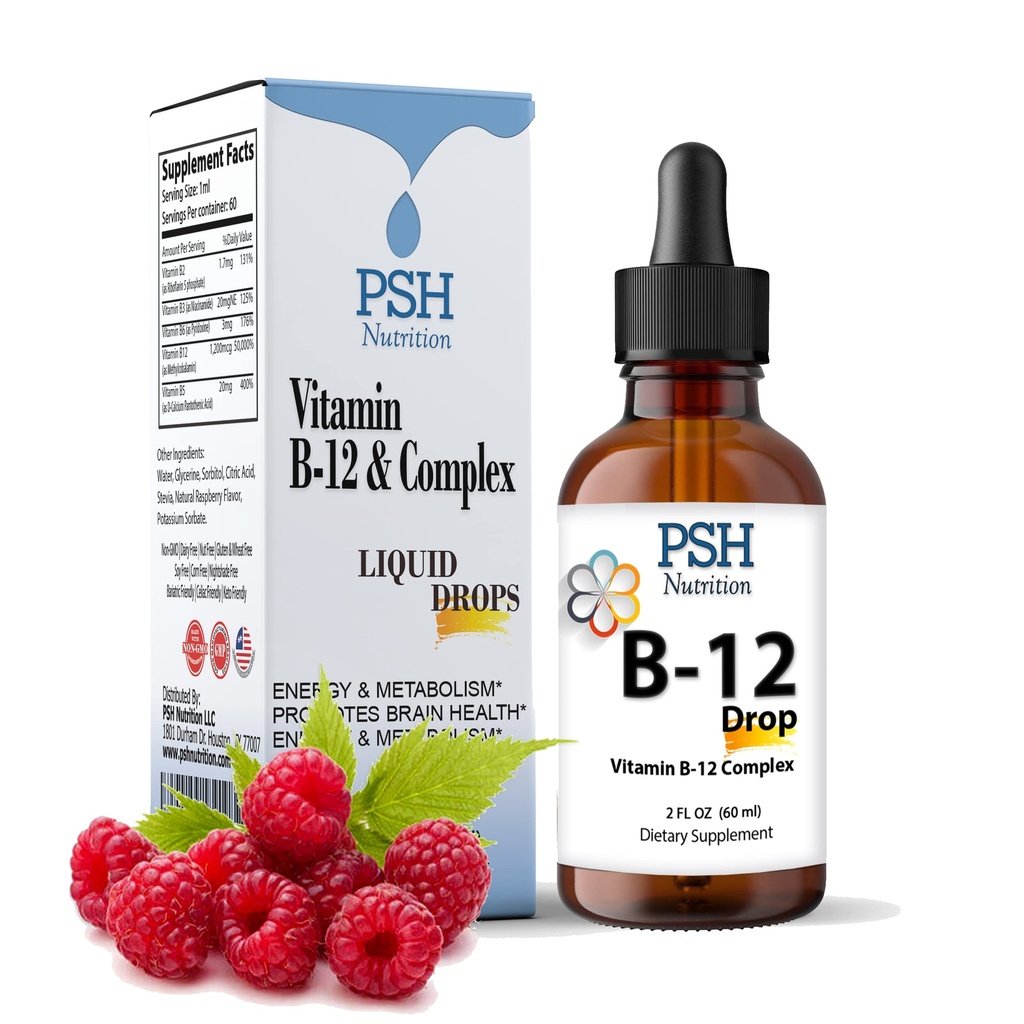 Premium PSH B Complex Liquid Drops mit B12 - Natural Energy Booster - USA Made Supplement for Energy and Focus Stress Relief and Energy and Immune Support - 2 oz