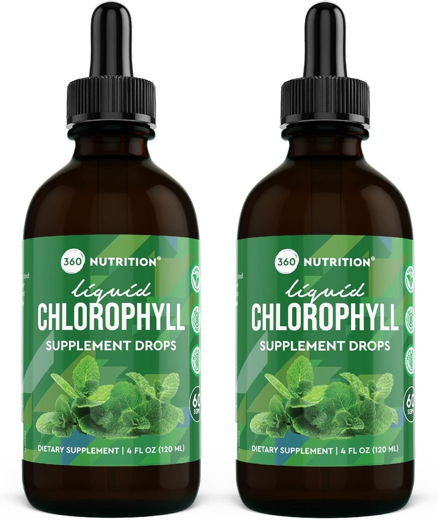 360 Nutrition Chlorophyll Flüssigkeitstropfen mit Pfefferminzöl, GF & Vegan Körper Interne Deodorant Ergänzung, unterstützt Gut Gesundheit, Verdauung, Energie, Radiant Haut, schnelle Absorption (4 Fl Oz (2 Zähler))