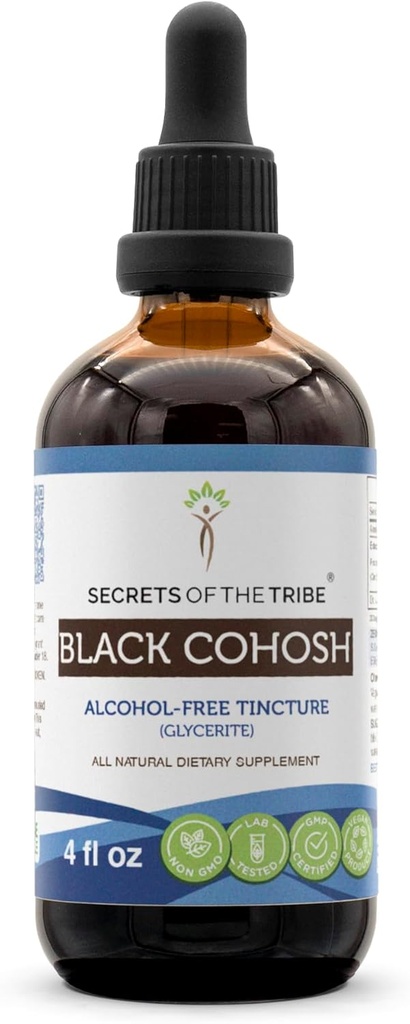 Secrets de la Tribe Black Cohosh Tection Extrait sans alcool, gouttes d'herbes à haute puissance, Teinture faite de Cohos noirs d'élevage responsable (Cimifuga Racemosa) Racine séchée 4 oz