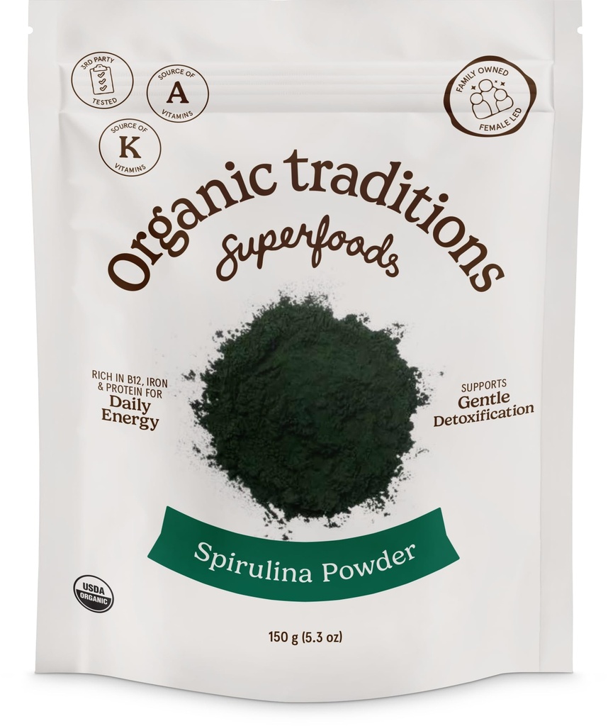 Bio Traditionen Bio Spirulina Pulver Vegan Non-GMO Superfood, 5.3oz (150g) Tasche, 50 Portionen pro Tasche